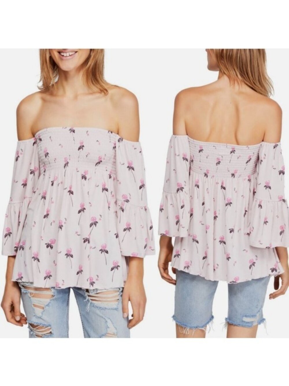 Free People Pink Purple Floral Off Shoulder Lana Tunic Top Size S